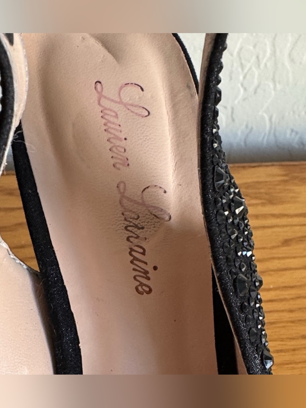 Lauren Lorraine Candy Sling Black Rhinestone Peep Toe Heels Size 7.5 - Picture 2 of 10